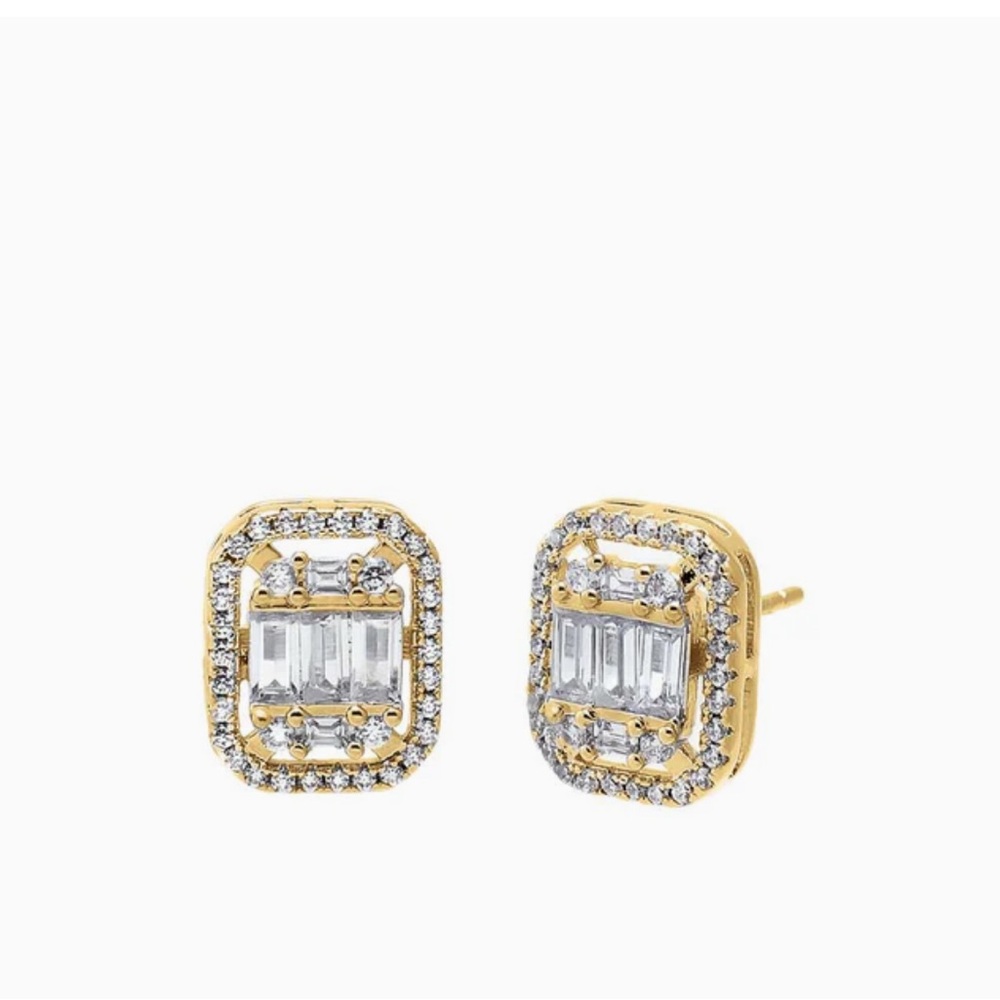 CZ Baguette Halo Stud Earrings 14k gold plated with Rhodium Finish New